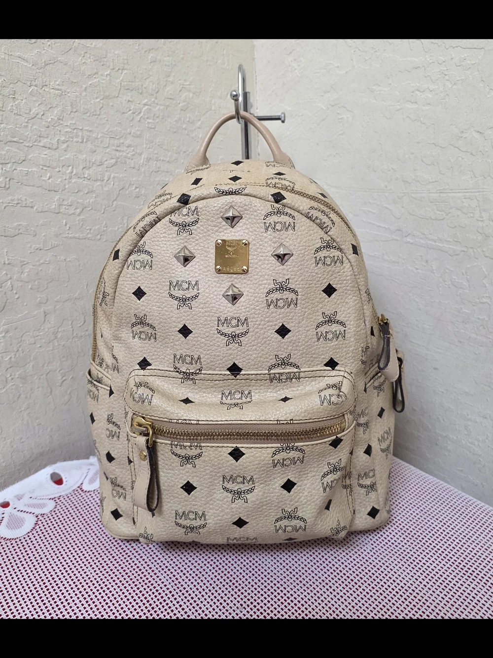 MCM Cream Monogram Medium Backpack AUTHENTIC